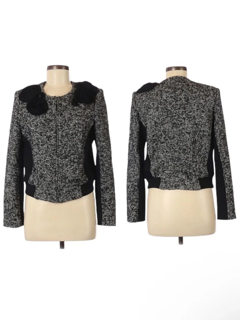 CACHE Wool Tweed 3D Floral Embellished Blazer Zip Jacket 10